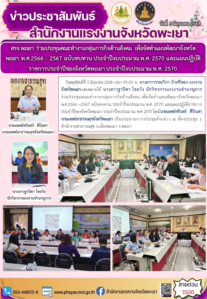 สรจ.พะเยา ร่วมประชุมคณะทำงานกลุ่มภารกิจด้านสังคม เพื่อจัดทำแผนพัฒนาจังหวัดพะเยา พ.ศ.2566 – 2567 ฉบับทบทวน ประจำปีงบประมาณ พ.ศ. 2570 และแผนปฏิบัติราชการประจำปีของจังหวัดพะเยา ประจำปีงบประมาณ พ.ศ. 2570
